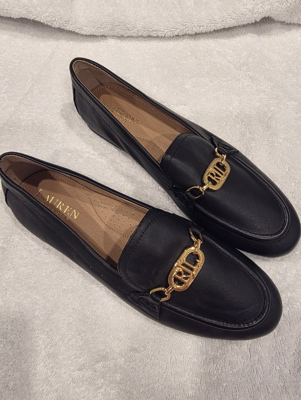 Lauren Ralph Lauren Black Leather Loafers with Gold Logo Bit